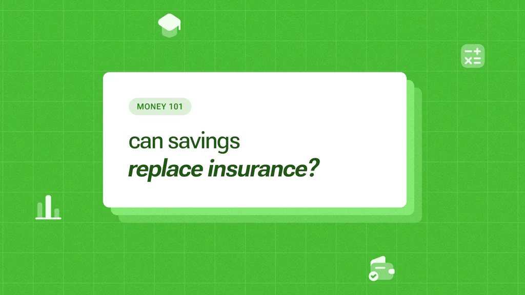A Sri Lankan saver weighing a stack of savings against an insurance shield, asking if cash can replace cover