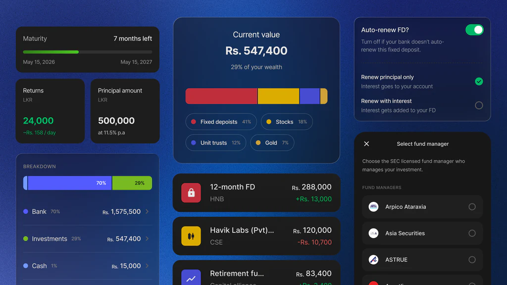 A preview of the new Grow tab in Kiwi Money, showing total investment value, a portfolio breakdown across fixed deposits, stocks, unit trusts and gold, and fixed deposit details