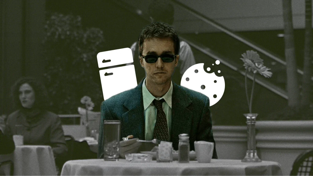 Man in suit at a restaurant with fridge and cookie icons illustrating how everyday spending makes your money disappear