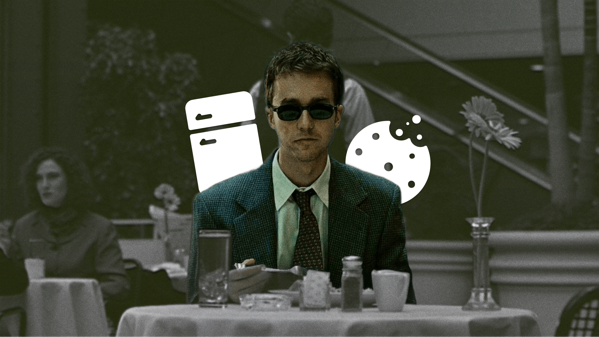Man in suit at a restaurant with fridge and cookie icons illustrating how everyday spending makes your money disappear