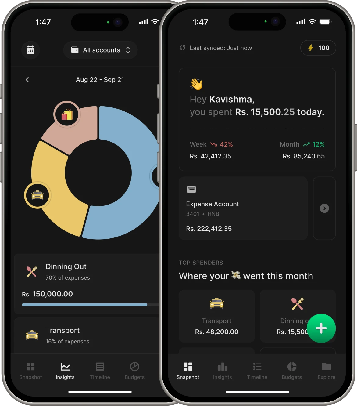The Kiwi Money app dashboard showing automatically tracked expenses, account balances and monthly spending insights